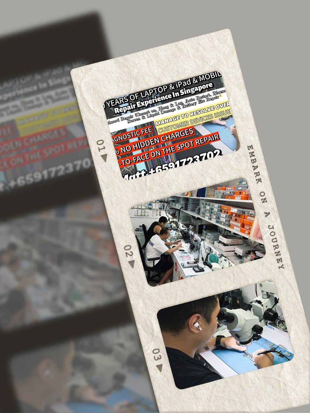 YS Mobile repair experience collage with shop and microscope work
