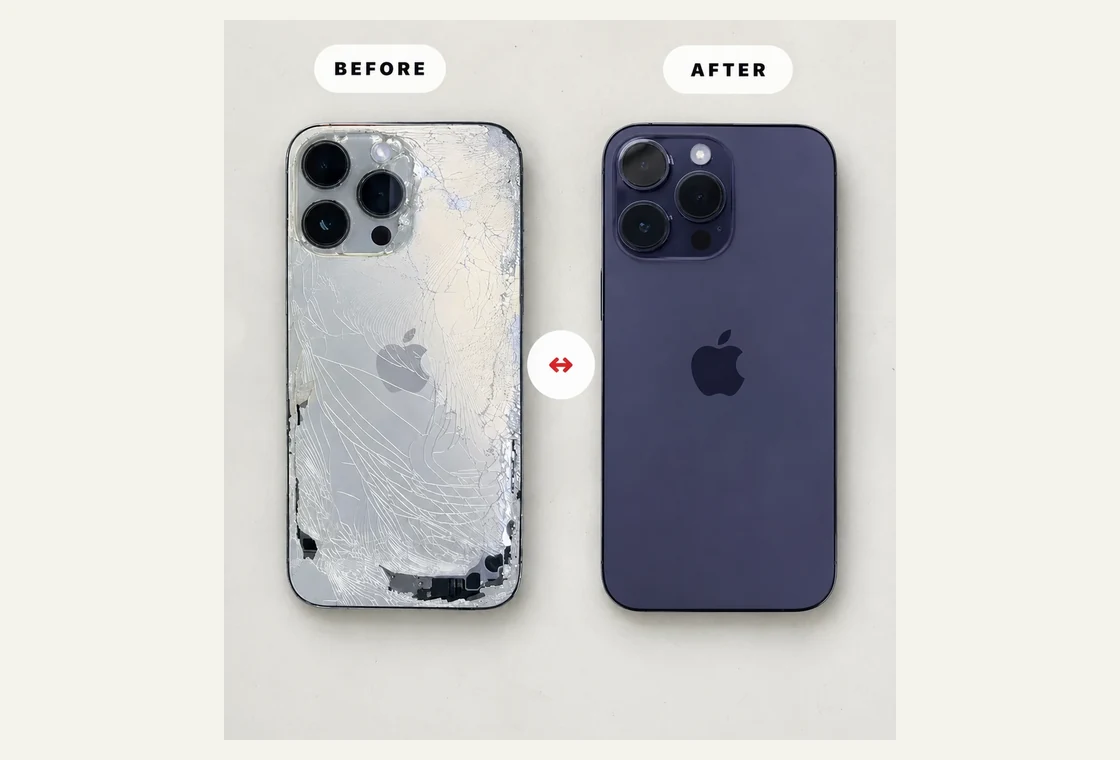 Correct before and after back glass repair result: damaged phone before on the left and repaired phone after on the right